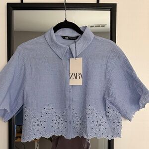 Zara Sky Blue Eyelet Cropped Blouse